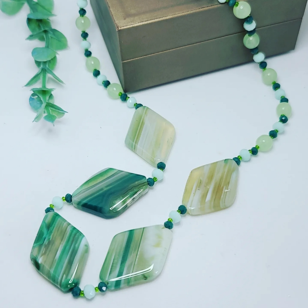 Green Agate, Czech Glass rhombus necklace